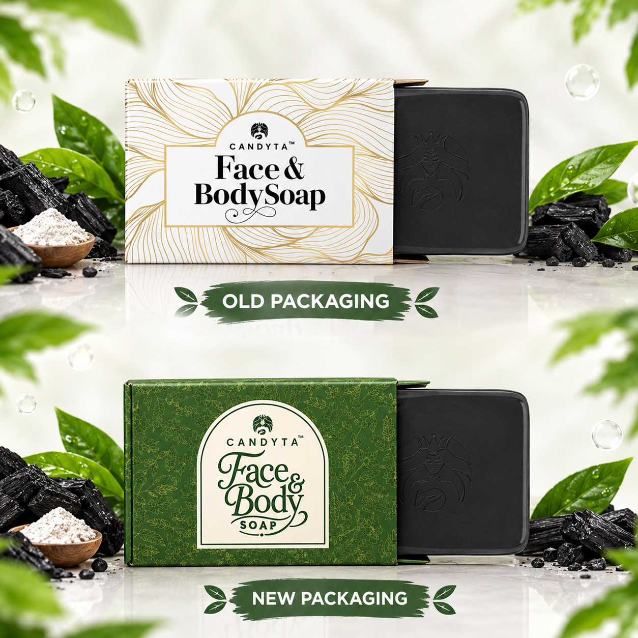 Perbandingan pembungkusan lama dan baharu Candyta Face & Body Soap